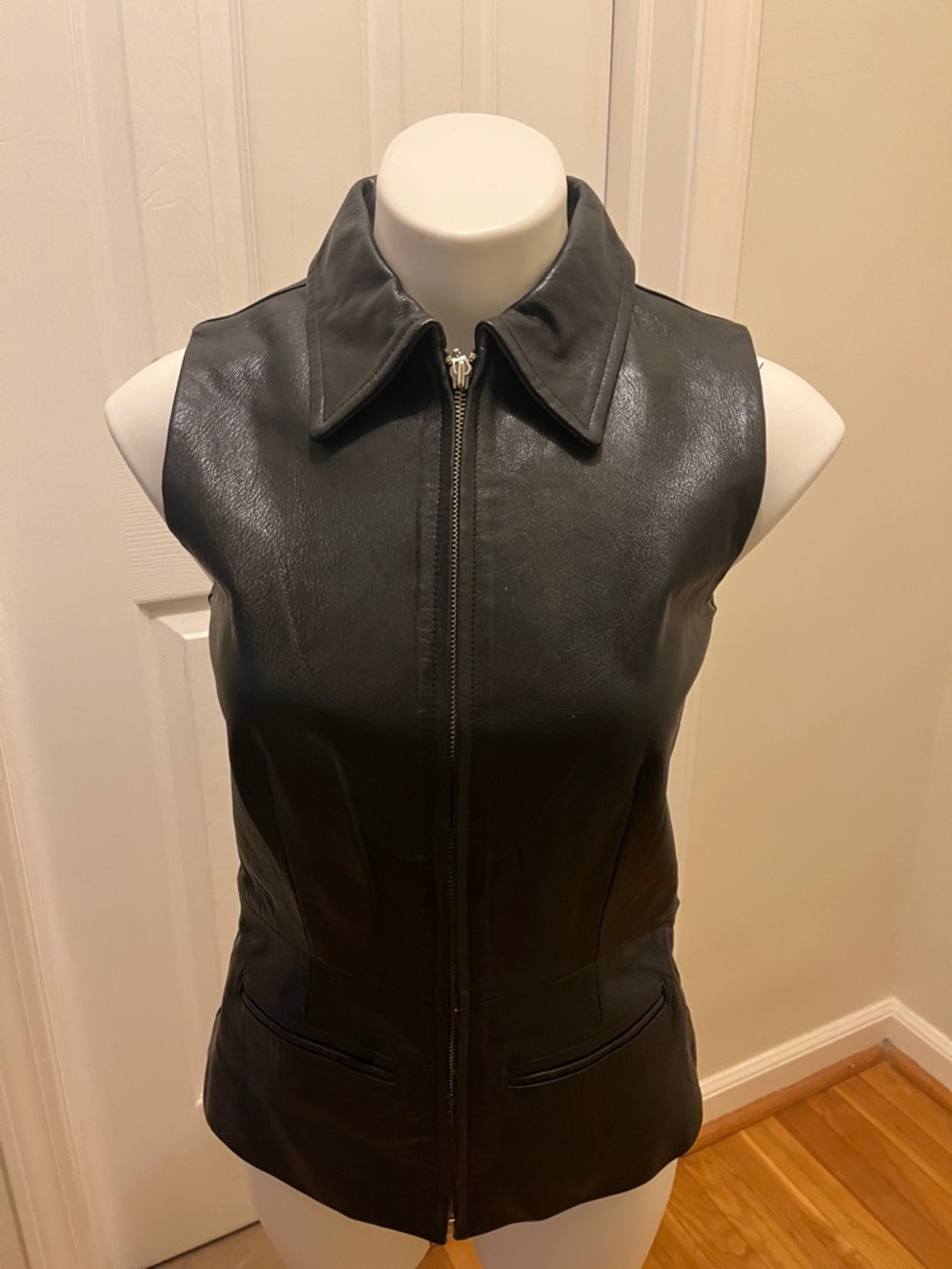 Sleeveless Black Leather Zip-Front Vest